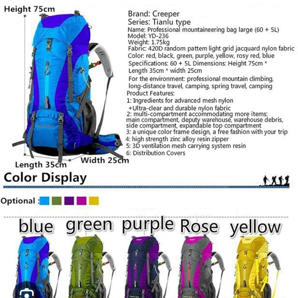 Purple Creeper High Capacity Hiking Backpack